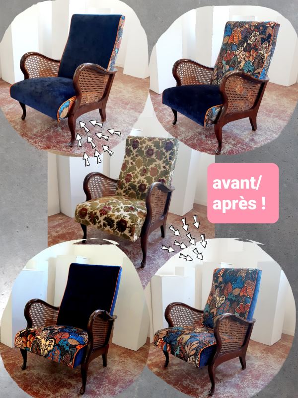 fauteuil chippendale avec les joues en cannage couleur acajou. Au centre le fauteuil avant réfection et sur les 4 côtés les fauteuils refaits dans une déclinaison de tissus à motifs orange et bleu, et d'un velours bleu marine. Le tout rehaussé d'un passepoil orange